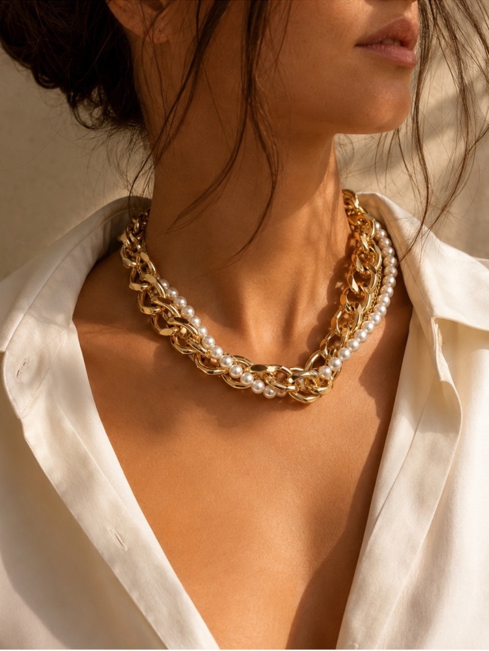 Gold Chain and Pearl Collar Necklace